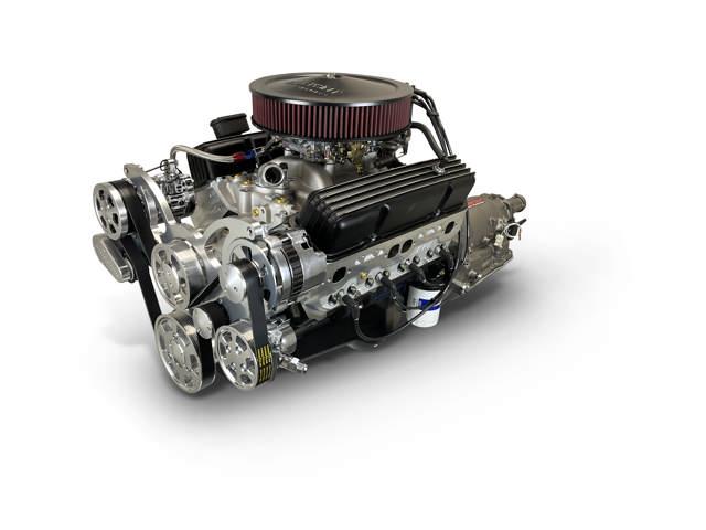 BluePrint Engines GM Small Block Compatible 383 c.i. Engine and 700R4 Automatic Transmission - 436 Horsepower - Standard Edition Builder Series - Polished Pulley Kit - Carbureted