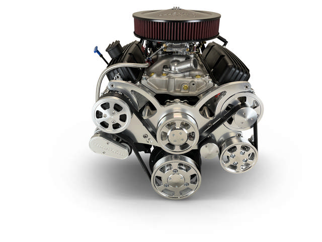 BluePrint Engines GM Small Block Compatible 383 c.i. Engine and 700R4 Automatic Transmission - 436 Horsepower - Standard Edition Builder Series - Polished Pulley Kit - Carbureted