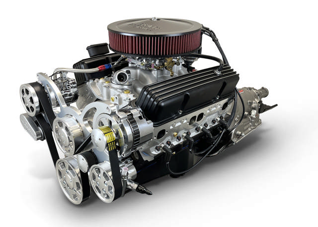 BluePrint Engines GM Small Block Compatible 400 c.i. Engine and 700R4 Automatic Transmission - 500 Horsepower - Standard Edition Builder Series - Polished Pulley Kit - Carbureted