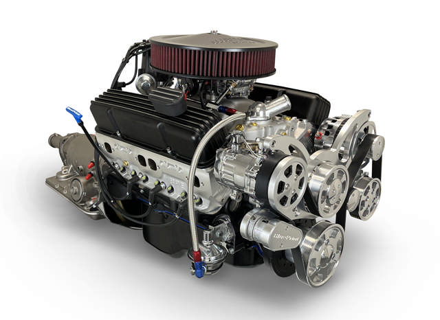 BluePrint Engines GM Small Block Compatible 383 c.i. Engine and 700R4 Automatic Transmission - 436 Horsepower - Standard Edition Builder Series - Polished Pulley Kit - Carbureted